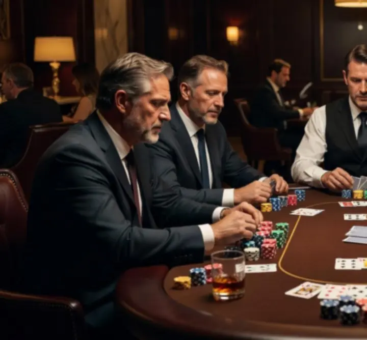 Turniej pokerowy z graczami przy stole i talią kart